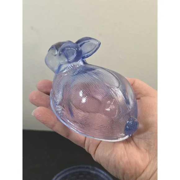L E Smith Glass Bunny Candy Dish Blue Easter Rabbit On Nest Basket Trinket Dish - Picture 12 of 13